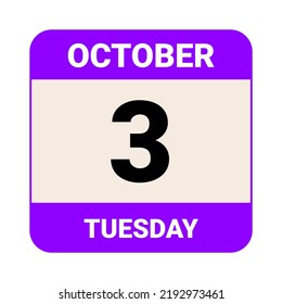 3 de octubre, martes. Plantilla de fecha. Diseño útil para la promoción de calendarios o eventos. Ilustración vectorial Archivo EPS 10.  