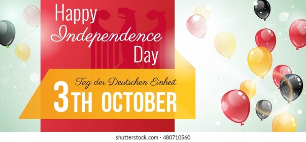 3 october.Germany Independence Day banner in national flag color theme. Celebration background  with flying balloons and text. Vector illustration
