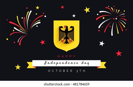 3 october.Germany Independence Day greeting card. Celebration background with emblem, fireworks and ribbon. Vector illustration