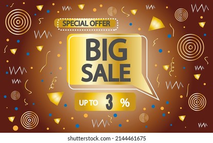 3% off. big sale banner template with objects and gold balloon. poster for stores and sales