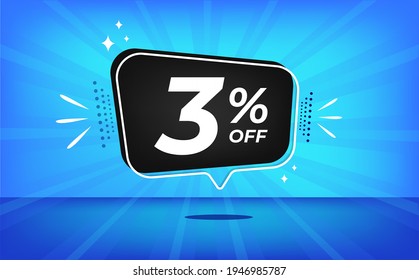 3% off. Blue banner with three percent discount on a black balloon for mega big sales.