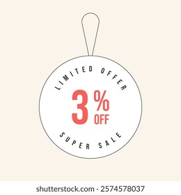 3% OFF flat design of label. Super Sale Three percent off. Sticker illustration limited offer. Vector illustration.