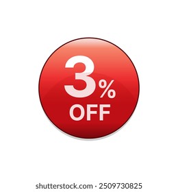 3% de desconto botão de desconto vermelho. Três por cento de desconto na venda de compras emblema em vermelho. Símbolo de oferta especial. Ilustração vetorial.