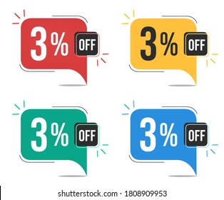 3% off. Red, yellow, green and blue tags with three percent discount. Banner with four colorful balloons with special offers vector.
