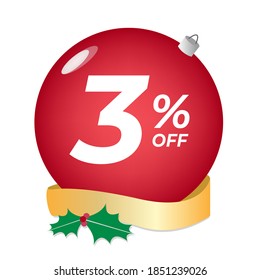 3% off. Three percent discount. Christmas sale banner. Red bubble with ornaments on a white background vector.