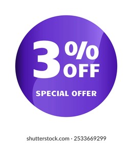 3% de descuento. Tres por ciento de descuento, Oferta Especial. Plantilla de diseño de Anuncio de venta de descuento. Etiqueta de descuento. Ilustración vectorial. Diseño púrpura.