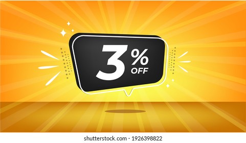 3% off. Yellow banner with three percent discount on a black balloon for mega big sales.