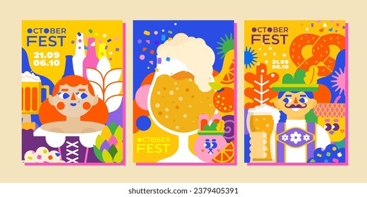 3 Oktoberfest templates. The illustration conveys the unique spirit of the holiday: a man and a woman in traditional costumes raise beer mugs, German cuisine and a lot of beer. 