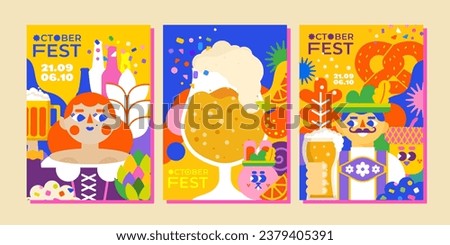 3 Oktoberfest templates. The illustration conveys the unique spirit of the holiday: a man and a woman in traditional costumes raise beer mugs, German cuisine and a lot of beer. 