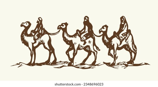 3 old magic orient arab follow new born saint holy god son baby Jesus Christ present gold myrrh retro graphic art draw merry xmas even scene story. Black hand drawn Israel faith gospel card text space