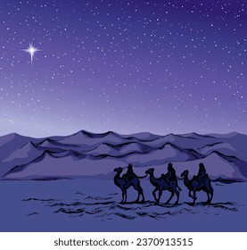 3 old magic orient arab follow new born saint holy god son baby Jesus Christ present gold myrrh retro graphic art draw merry xmas even scene story. Black hand drawn Israel faith gospel card text space