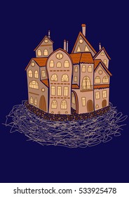 3/ Old medieval buildings like love nest. Vector hand drawing metaphor for childish fairy tale.