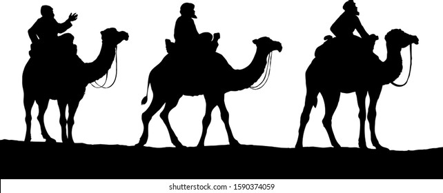 3 old orient arab follow east comet to new born holy baby Jesus Christ in arabian Bethlehem present gift gold, frankincense, myrrh. Dark black ink hand drawn noel history icon backdrop card text space