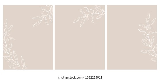 3 Olive Twigs Vector Illustrations  White Sketched Olive Branches Isolated Light Brown Background  Simple Elegant Wedding Cards  Floral Hand Drawn Arts ideal for Invitation  Menu  No Text 