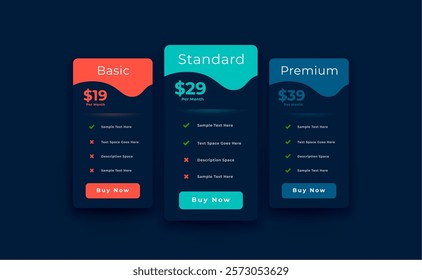 3 option pricing chart table dark template in modern style vector