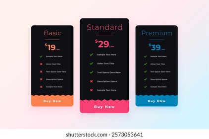 3 option pricing plan table template for web business vector