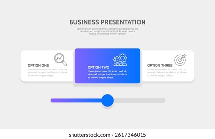 3 options infographic slide bar. Feature, Presentation, Plan and Strategy. Vector illustration.