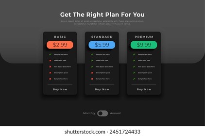 3 options pricing chart table dark template for business presentation vector