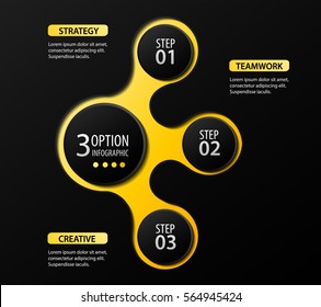  3 options, steps or processes 3D digital illustration Infographic and marketing icons vector can be used for workflow layout, diagram, annual report, web design in black and yellow color.