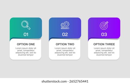 3 Opciones o pasos para el éxito del diseño infográfico. Presentación de Negocios, Característica, Plan, Anuncio, Marketing y Estrategia. Ilustración vectorial.
