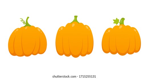 3 orange pumpkins set with leaf and gradient colors flat style design vector illustration isolated on white background. Autumn Halloween, thanksgiving day pumpkin, vegetable graphic fresh and tasty.