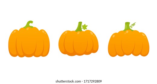 3 orange pumpkins set with leaf and gradient colors flat style design vector illustration isolated on white background. Autumn halloween, thanksgiving day pumpkin, vegetable graphic fresh and tasty.