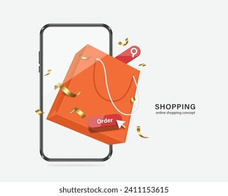 3 bolso de compra naranja, botón de compra, icono de búsqueda flotando en la pantalla del smartphone, vector 3d aislado en fondo blanco para entrega y diseño de concepto de compras en línea, vector para el diseño de comercio electrónico