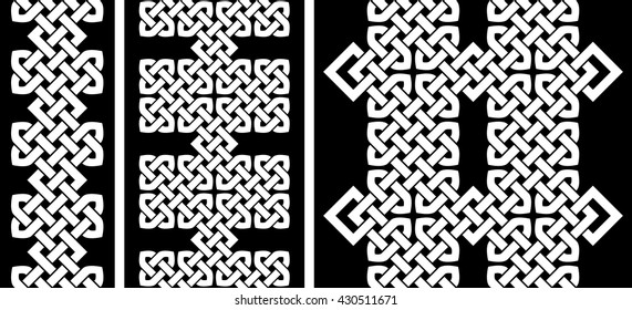 3 Oriental (Chinese, Korean or Japanese) knot seamless borders or patterns. Vector illustration.