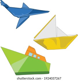 3 origami vector file, plane, sailboat and ship