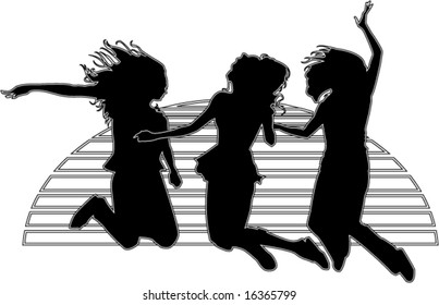 3 outlined and silhouetted jumping girlfriends against black and white striped sun vector illustration