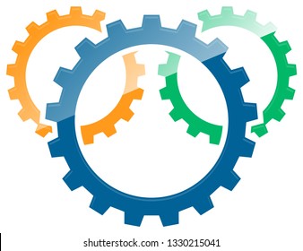 3 overlapping gears, gear wheel abstract icon