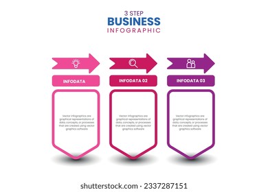 3 overlaying cards with arrows placed in horizontal row. Concept of 3 stages of strategic management process. Modern flat infographic design template. Simple vector illustration for presentation.
