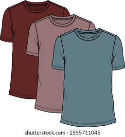 3 Pack men regular fit t-shirts, rounded crew neck, short sleeves, burgundy, dusk and teal coloration