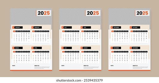 3 Seiten einfacher Wandkalender für das Jahr 2025 mit Titelbild-Platzhalter, Woche ab Sonntag