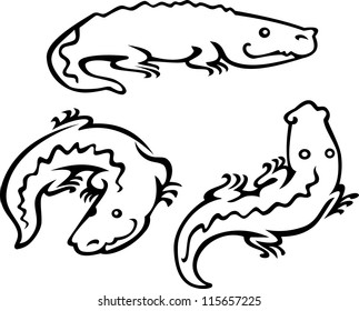 3 painted vector crocodiles, black white stylize