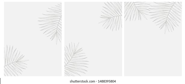 3 Palm Leves Vector Illustrations  Gray Palm Tree Leaf Isolated Light Gray Background  Simple Elegant Wedding Cards  Floral Hand Drawn Arts ideal for Invitation  Menu  Hot Stamping  No Text 