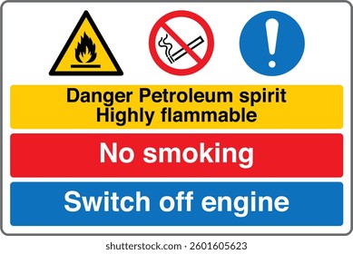 3 Panel Multi Message Safety Signs Danger Petroleum Spirit Highly Flammable No Smoking Switch Off Engine