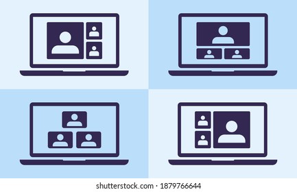 3 Panel Video Conference Online Meeting Teleconferences On Laptop Icons. Virtual Chat Symbol Signs. Suitable For Online School Class, Work From Home WFH, Web Seminar Or Webinars Student Group Infographic