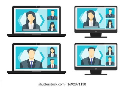 3 Panels Online Virtual Remote Meetings, PC Video Web Conference Teleconference Male Female. Company CEO President Executive Manager Boss Employee Team Work Learn From Home WFH Live Stream Webinars