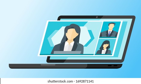 3 Panels Online Virtual Remote Meetings,  Video Web Conference Teleconference Female Main. Company CEO President Executive Manager Boss Employee Team Work Learn From Home WFH Live Stream Webinars