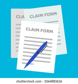 3 paper sheets with claim form to fill out and text on it and pen flat style design isolated on light blue background vector illustration