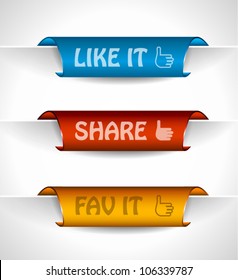 3 paper stickers tag for sharing options with high contrast colours, real paper effect and transparent shadows