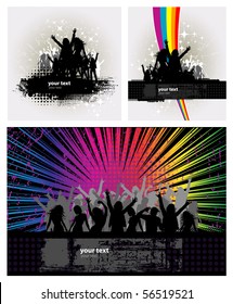 3 Party peoples, audience cheering success vector background with rainbow