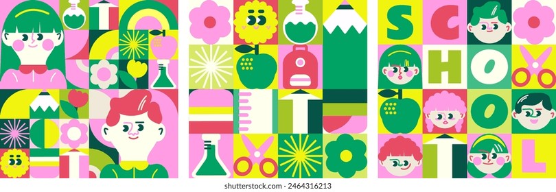 3 Patterns. Can be used as templates. Design with children and school supplies. Great for Back to School, Junior Prep, Kindergarten, or advertising for your business!