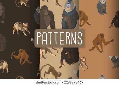 3 Patterns with different types of monkeys. Variety of primates, mammals animals. Images for nature reserves, zoos and children's educational paraphernalia. Vector illustration. Isolated objects.