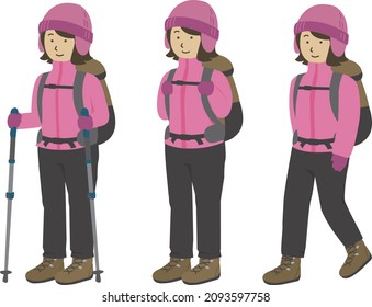 3 patterns of female illustrations of winter equipment for mountain climbing (trekking pole, standing, walking)