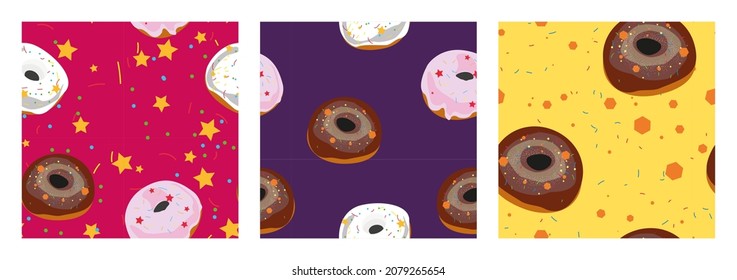 
3 patterns with the image of multicolored donuts with glaze and sprinkles on a bright background. Pink, yellow and purple colors.