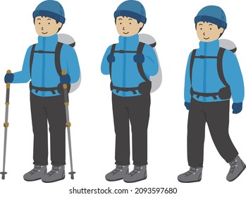 3 patterns of male illustrations of winter equipment for mountain climbing (trekking pole, standing, walking)
