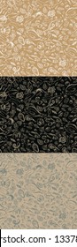 3 patterns on craft background with seafood and fish contour. white contour on a color background. Seamless image with sea inhabitants. Drawn by hand.
