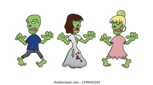 3 pcs scary zombies on a white background, Halloween holiday - Vector illustration